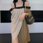 Elbow-sleeve Cold Shoulder Two-tone Shift Dress Almond & Green - One Size