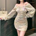 Long-sleeve Off-shoulder Floral Print Mini Sheath Dress