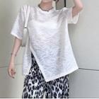 Short-sleeve Slit T-shirt / Leopard Print Straight Leg Pants