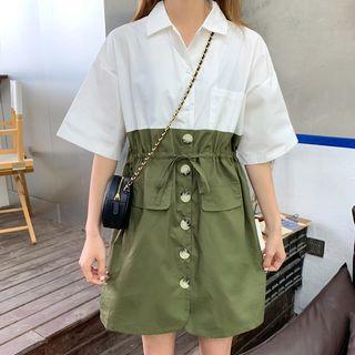 Two-tone Drawstring Elbow-sleeve Shirt Dress
