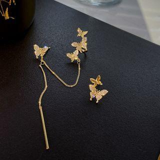 Asymmetrical Butterfly Chain Ear Stud 1 Pair - Gold - One Size
