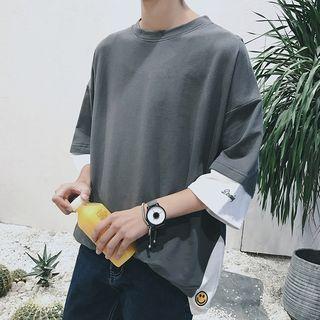 Mock Two-piece Elbow-sleeve Embroidered T-shirt