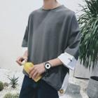 Mock Two-piece Elbow-sleeve Embroidered T-shirt