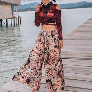 Cutout Long-sleeve Velvet Swim Top / Swim Bottom / Floral Print Wide-leg Pants