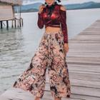 Cutout Long-sleeve Velvet Swim Top / Swim Bottom / Floral Print Wide-leg Pants