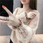 Puff-sleeve Lace Panel Knit Top