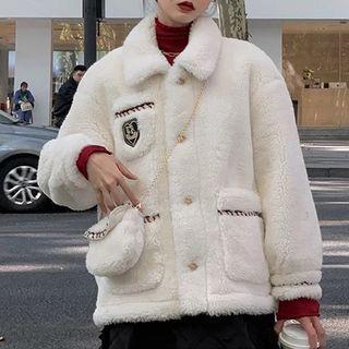 Set: Heart Embroidered Fluffy Jacket + Crossbody Bag