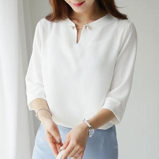 Faux-pearl Brooch 3/4-sleeve Chiffon Top