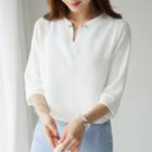 Faux-pearl Brooch 3/4-sleeve Chiffon Top