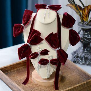 Set: Wedding Bow Velvet Hair Clip + Headband + Fringed Earring Set - Wine Red - One Size