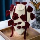 Set: Wedding Bow Velvet Hair Clip + Headband + Fringed Earring Set - Wine Red - One Size