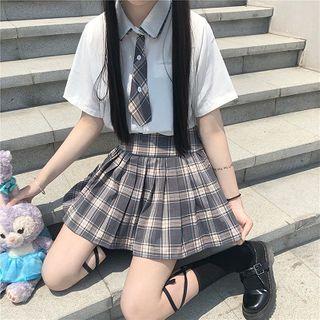 Set: Short-sleeve Shirt + Plaid Mini A-line Pleated Skirt