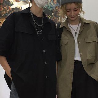 Couple Matching Pocket Detail Elbow-sleeve Shirt