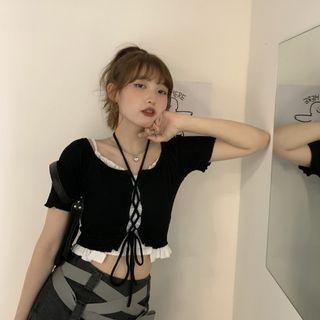 Short-sleeve Lace-up Top / Mini A-line Skirt / Camisole Top