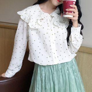 Set: Long-sleeve Dotted Blouse + Midi A-line Skirt