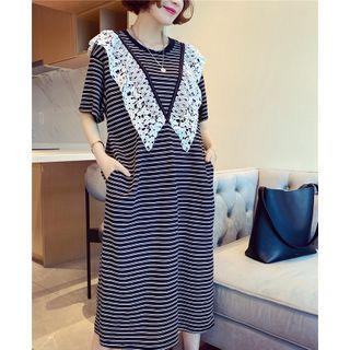 Lace Trim Striped Elbow-sleeve Midi T-shirt Dress