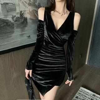 Asymmetric Cold-shoulder Velvet Sheath Dress