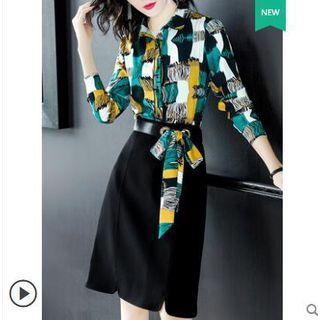 Set: Long-sleeve Printed Shirt + Midi A-line Skirt