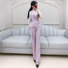 Set: Plaid Short-sleeve Blouse + Wide-leg Pants