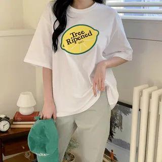 Elbow-sleeve Lemon-illustrated T-shirt
