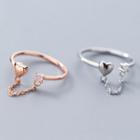 925 Sterling Silver Chained Heart Open Ring