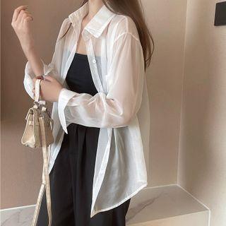 Long-sleeve Plain Button-up Light Shirt / Plain Camisole Top