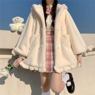 Bear Ear Hooded Fluffy Jacket White - One Size