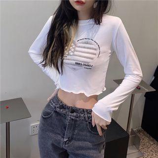 Long-sleeve Lettering Cropped T-shirt Lettering - White - One Size