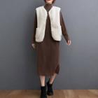 Mock-turtleneck Long-sleeve Midi Dress / Faux Fur Vest
