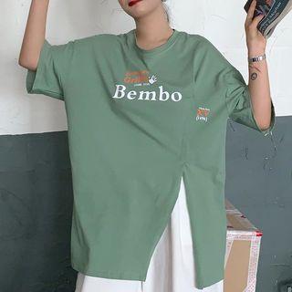 Lettering Print Slit Elbow-sleeve T-shirt