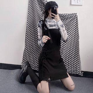 Lace Up Overall Dress / Long-sleeve Print Top