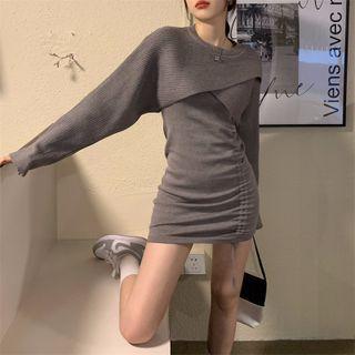 Set: Cropped Sweater + Spaghetti Strap Drawstring Mini Bodycon Dress