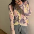 Tie-dye Print Distressed Knit Cardigan As Shown In Figure - One Size