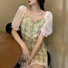 Puff-sleeve Sleeve Frill Trim Plaid Dress As Shown In Figure - One Size