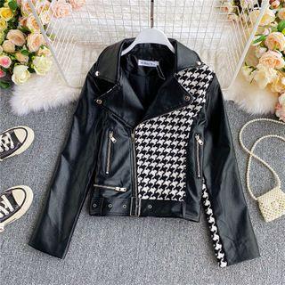 Houndstooth Panel Faux-leather Jacket