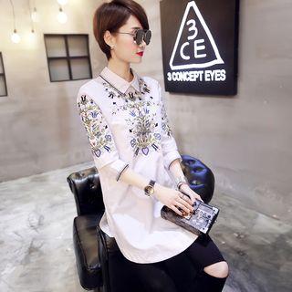 3/4 Sleeve Flower Embroidered Shirt