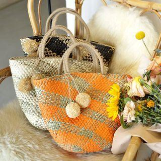 Pompom Detail Woven Tote Bag