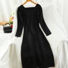 Slit Midi Sheath Knit Dress Black - One Size