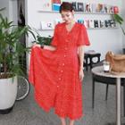 Buttoned Polka-dot Long Dress Red - One Size
