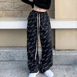 Lettering Drawstring Wide-leg Pants