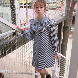 Ruffle Trim Plaid Panel Shirt Dress