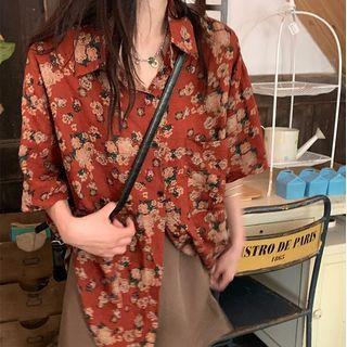 Elbow-sleeve Floral Hawaiian Shirt Pink Floral - Orange - One Size