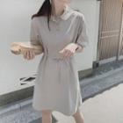 Elbow-sleeve Polo-neck Mini A-line Dress