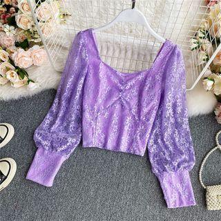 Square-neck Plain Lace Long-sleeve Crop Shirt