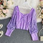 Square-neck Plain Lace Long-sleeve Crop Shirt