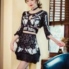 Set: Embroidered 3/4-sleeve Lace Top + A-line Fringe Skirt