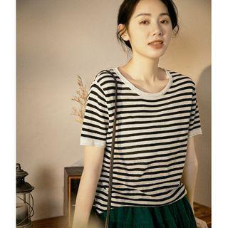 Short-sleeve Striped Knit Top Stripe - Black & Light Gray - One Size