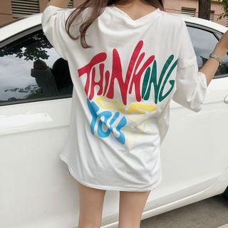 3/4-sleeve Printed Oversized T-shirt White - One Size