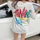 3/4-sleeve Printed Oversized T-shirt White - One Size
