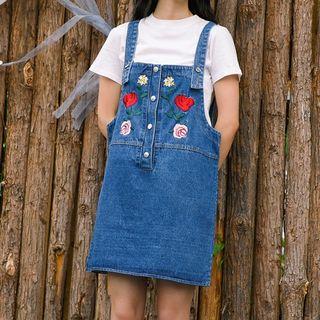 Flower Embroidered Denim Mini Jumper Dress